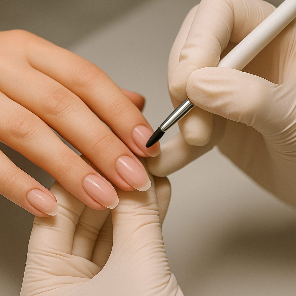 Acabamento de blindagem e esmaltação em unha natural, em plano fechado