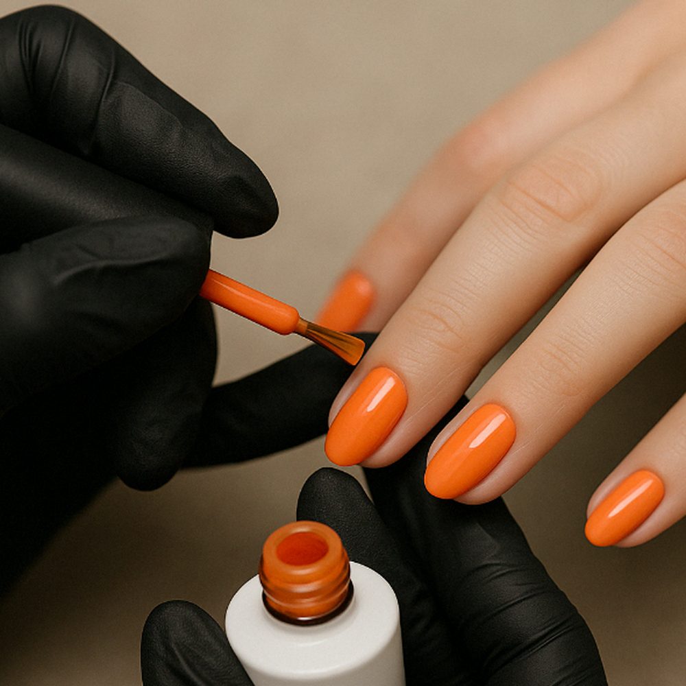 Esmaltação em gel coral sendo aplicada na unha, com luva preta