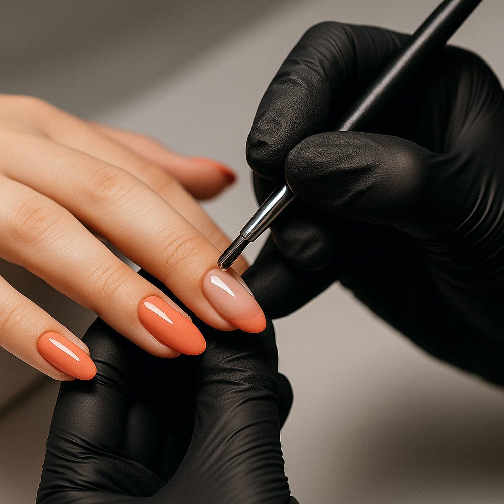 Manutenção de alongamento de unha em gel sendo refeita com pincel